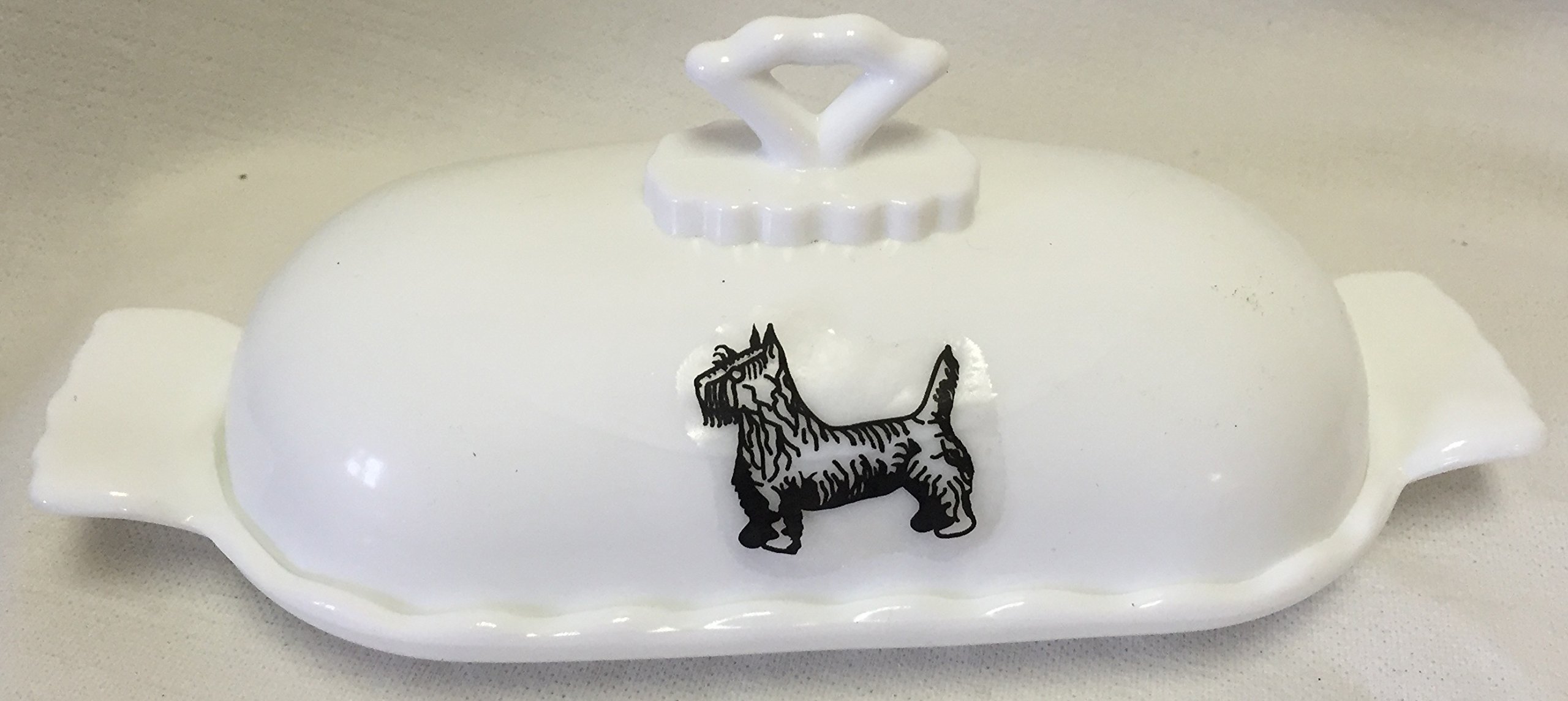 Oval 1 Stick Butter Dish - American Made Milk Glass with Scottie Dog Design by Mosser USA - Perfect for Kitchen Countertop & Dining Table Display