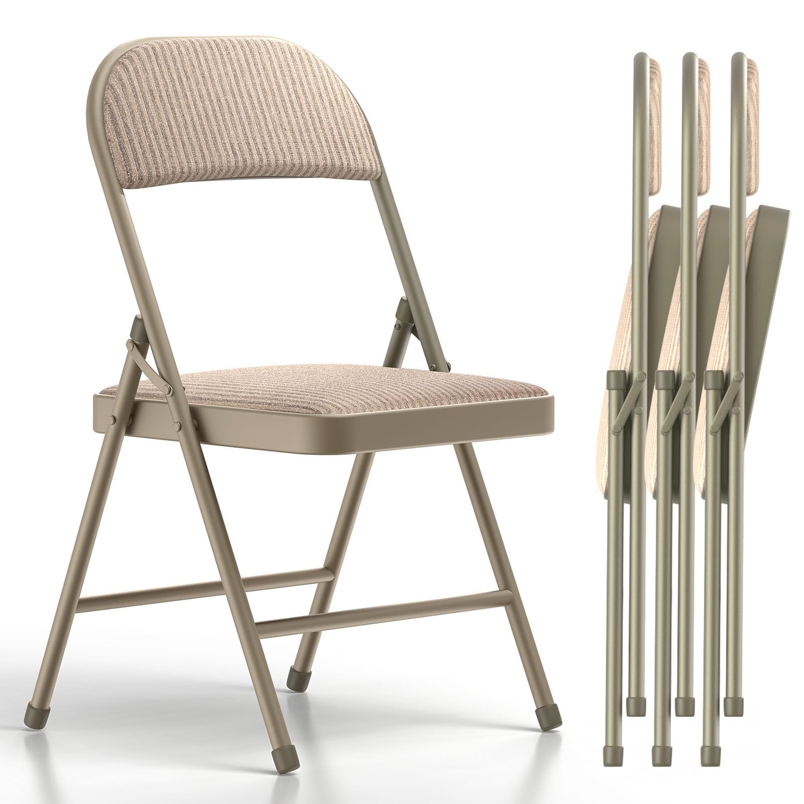 Nazhura 4 Pack Folding Chairs with Padded Cushion - Lightweight Fabric Dining Chairs Set for Indoor Outdoor Use - Perfect for Home, Office, Events, Wedding & Party (Oatmeal Strip Fabric) - Great for Patio, Garden, Picnic & Camping