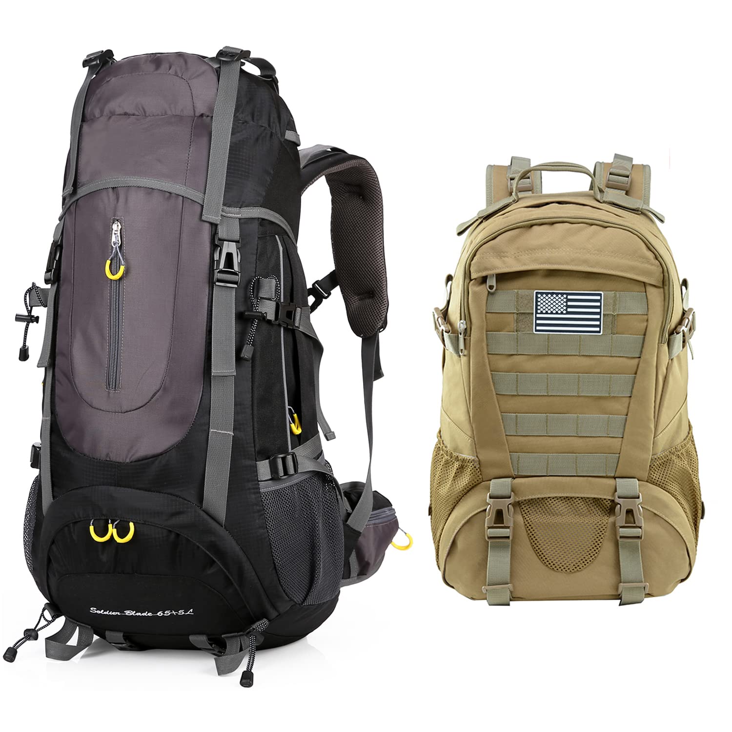 Tactical Backpack for Men & Women - Durable Hiking Backpack Outdoor Camping Military Rucksack - Perfect for Travel, Hiking, Work & School (Tan & Black)