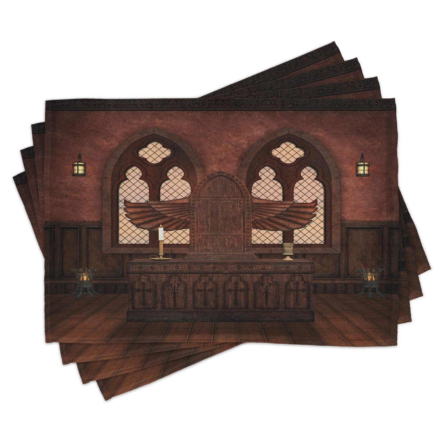 Ambesonne Gothic Place Mats Set of 4 - Medieval Altar Design Washable Fabric Placemats for Dining Table, Kitchen Decor - Perfect for Halloween, Gothic Themed Parties & Boho Home Decor (Brown)