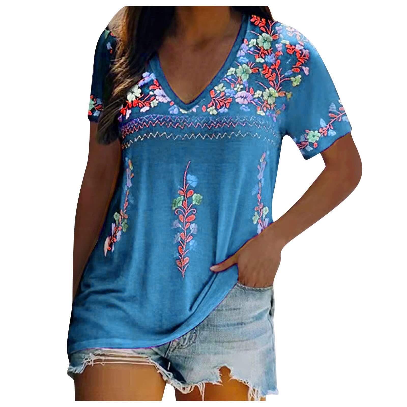 Women's Half Sleeve Floral Print T-Shirt - Round Neck Loose Fit Lightweight Summer Top for Casual Wear & Outdoor Activities