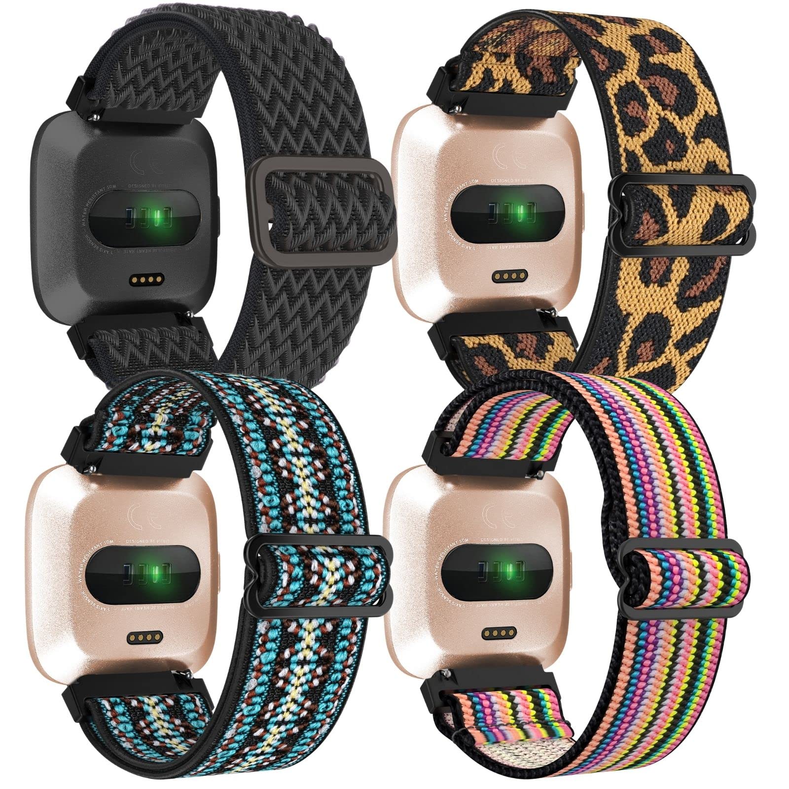 ESeekGo Elastic Replacement Bands for Fitbit Versa 2/Versa/Versa Lite/Versa SE - Adjustable Nylon Stretch Loop Bracelet (4 Pack) - Perfect for Workouts, Running & Daily Wear
