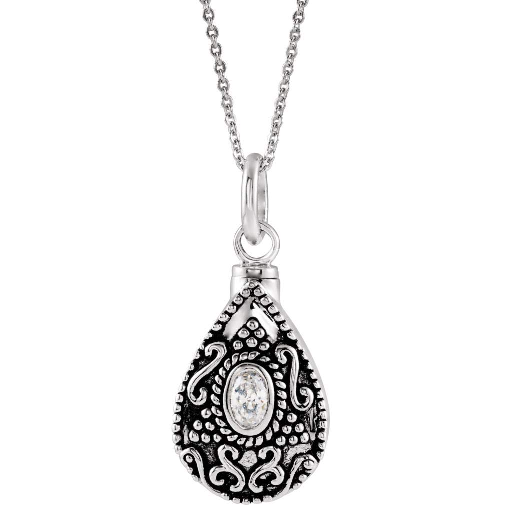 Antiqued Sterling Silver April Birthstone CZ Teardrop Cremation Urn Necklace - 18 Inch Memorial Jewelry for Ashes Keepsake - Perfect for Remembrance, Funeral & Memorial Services