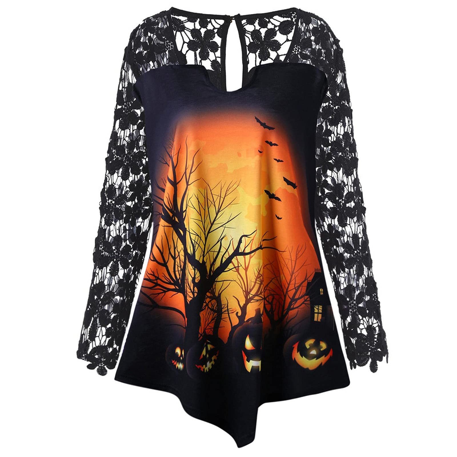 JINF Women's Fashion Halloween Tops - Pumpkin Lace Patchwork Asymmetrical Tunic Blouse | Cute Fall Shirts for Parties, Costumes & Casual Wear