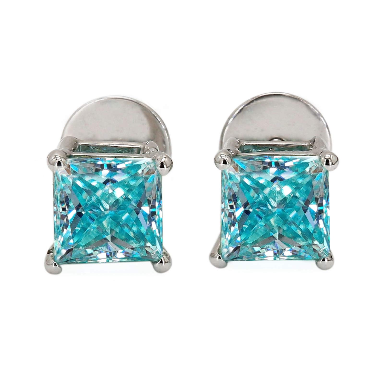 2.60 CTW Princess Cut Cyan Blue Moissanite Stud Earrings in 925 Silver - Wedding, Anniversary & Bridal Jewelry Gift for Her | Perfect for Formal Events, Date Nights & Special Occasions