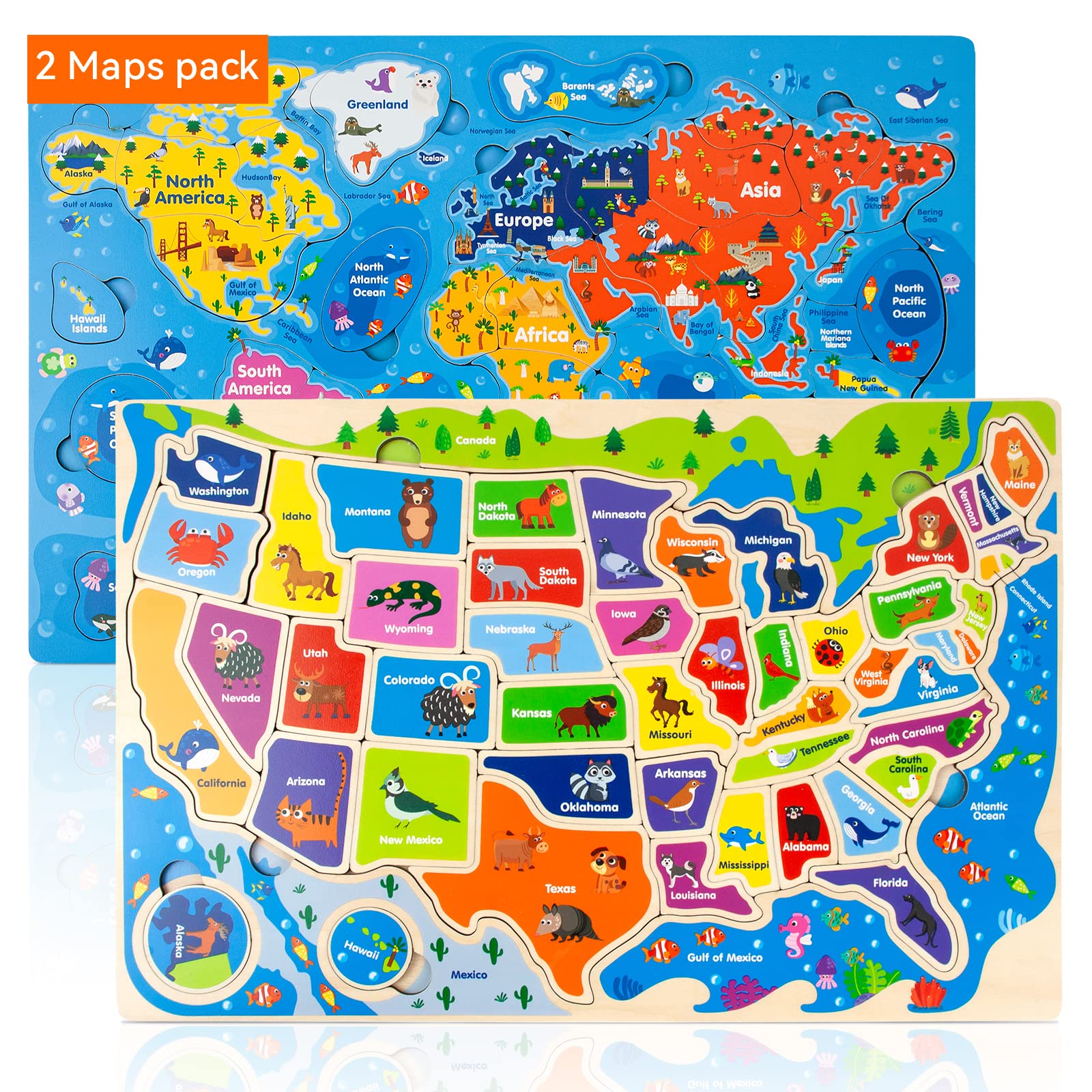 WOOD CITY Wooden Jigsaw Puzzle for Kids Ages 3-8 - Educational USA & World Map Puzzle with States - Learning Geography Toy Gift for Toddlers, Boys & Girls | Perfect for Classroom, Homeschool & Family Game Night