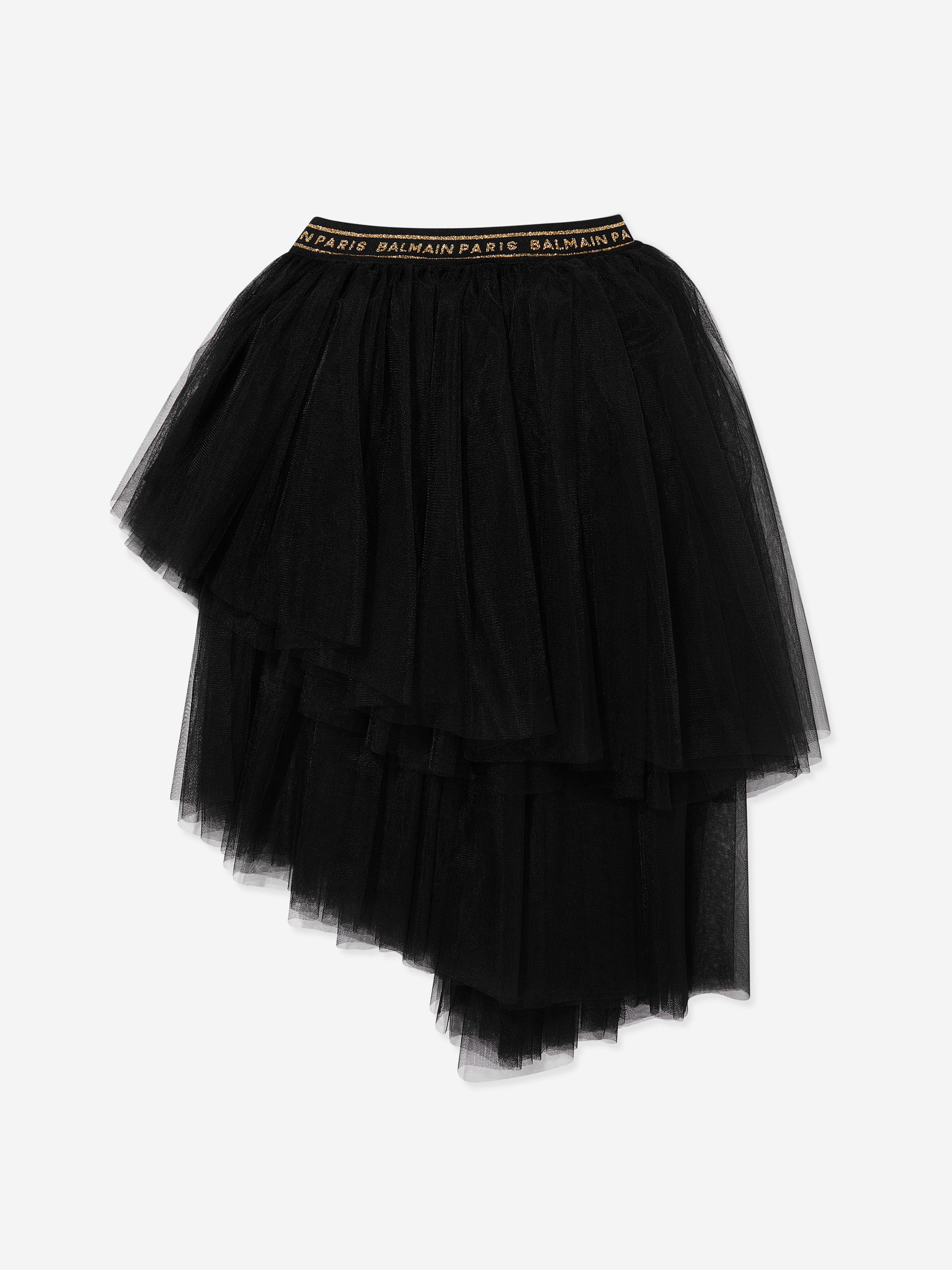 Balmain Girls Black Asymmetrical Ruffle Skirt - Elegant Party Dress for Special Occasions & Photoshoots