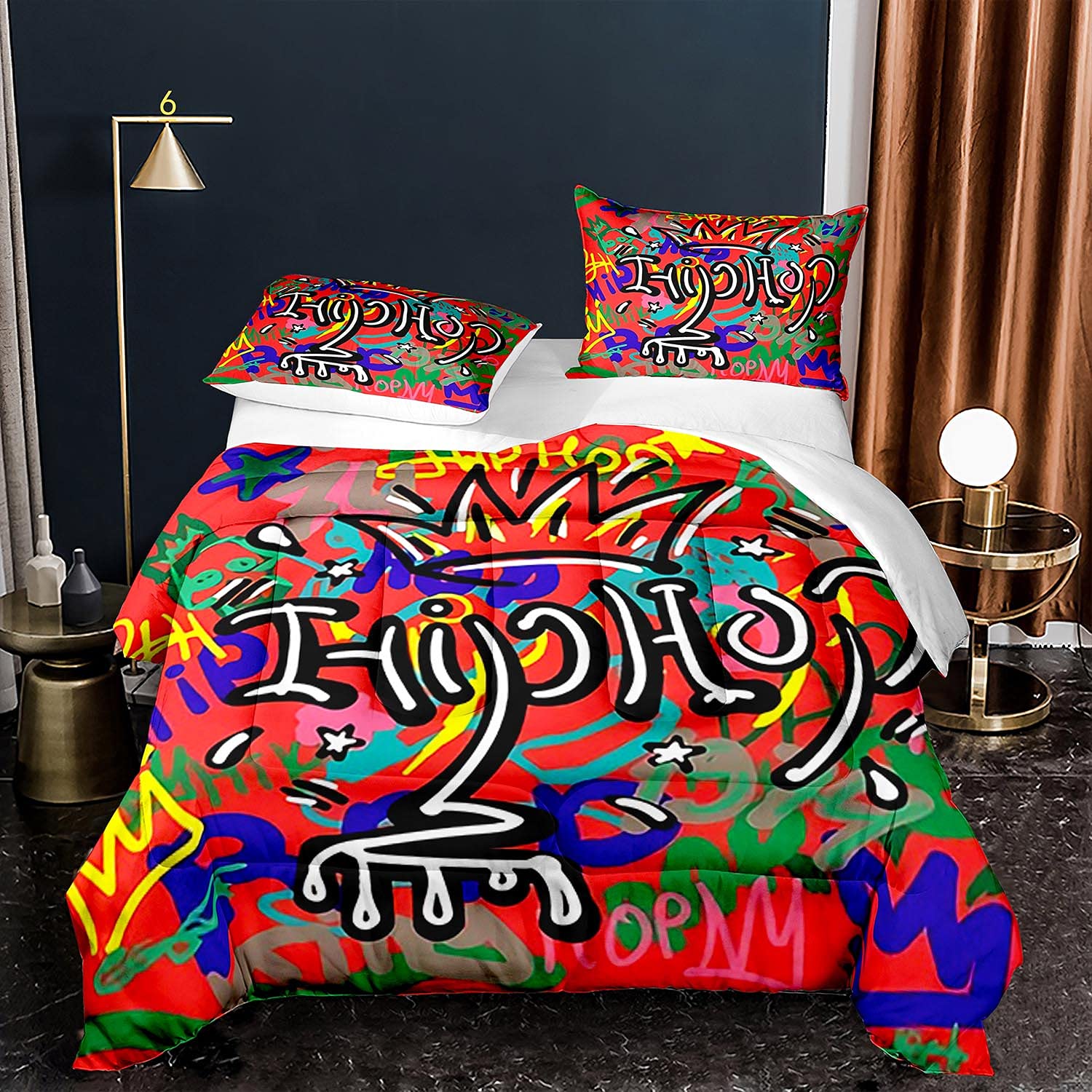 Hip Hop Graffiti Comforter Set for Queen Bed - Urban Street Culture Bedding with 1 Comforter & 2 Pillow Shams | Perfect for Teen Bedroom, Dorm Room & Music Lover's Home Decor