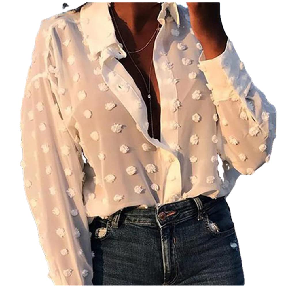 Women's Long Sleeve Chiffon Blouse - Flowy Loose Fit Dot Print Shirt for Casual Wear, Office & Date Night Outfits