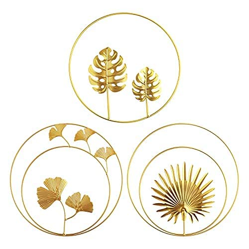 3Pcs Nordic Style Metal Wall Art Decor - Round Leaves Design for Living Room, Bedroom, Kitchen & Hotel - Gold Home Ornaments for Girls & Adults - Perfect for Housewarming Gifts & Interior Design Projects