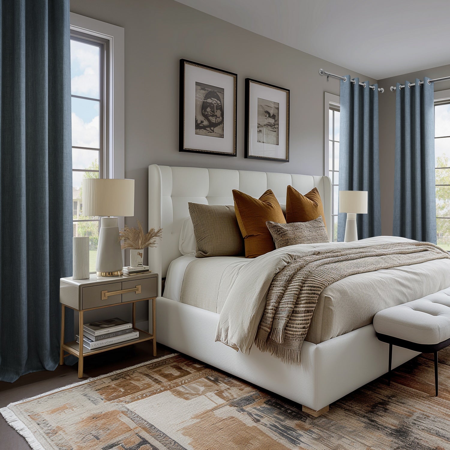 Custom Blue Textured Faux Linen Curtains for Living Room & Bedroom - Elegant Window Treatments for Home Decor