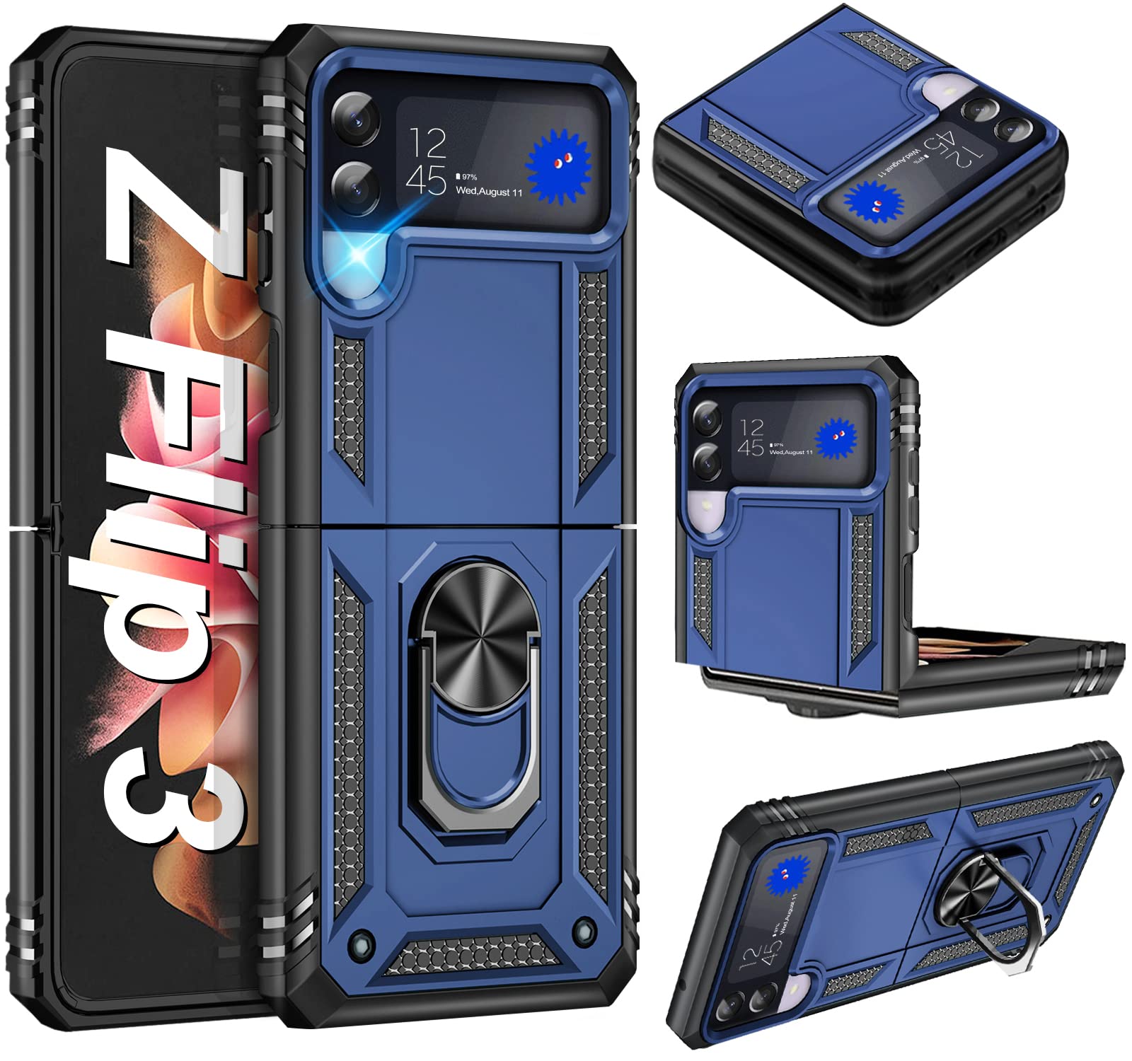 Rugged Military Grade Shockproof Case for Samsung Galaxy Z Flip 3 5G - Heavy Duty Armor Protection with Anti-Drop Design & Built-in Kickstand (A-Blue) | Perfect for Outdoor Adventures, Work & Daily Use