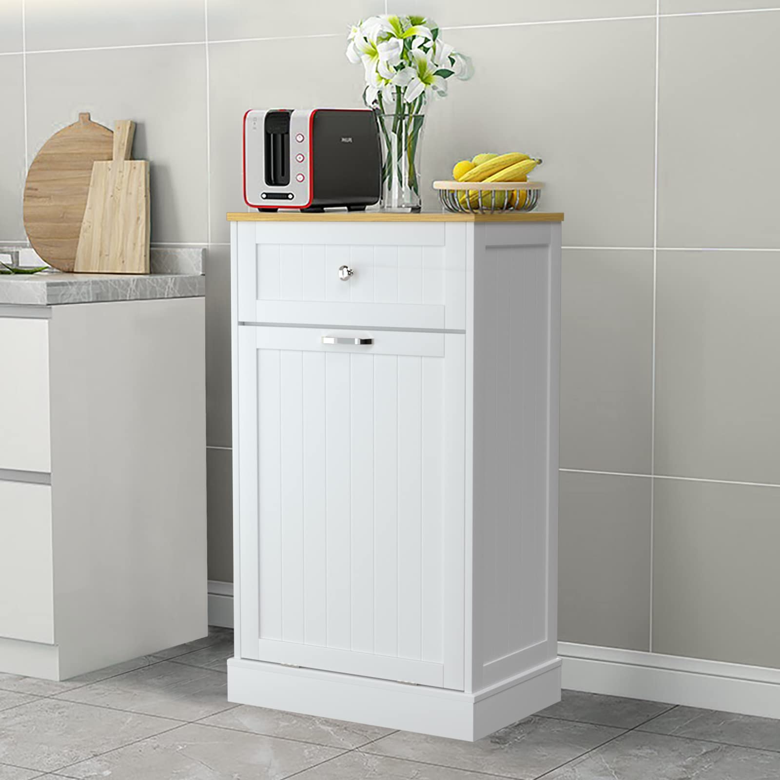 GAZHOME 10 Gallon Tilt-Out Trash Cabinet - Upgraded Wooden Free-Standing Recycling Bin with Hideaway Drawer (White) | Perfect for Kitchen, Bathroom & Office Waste Management