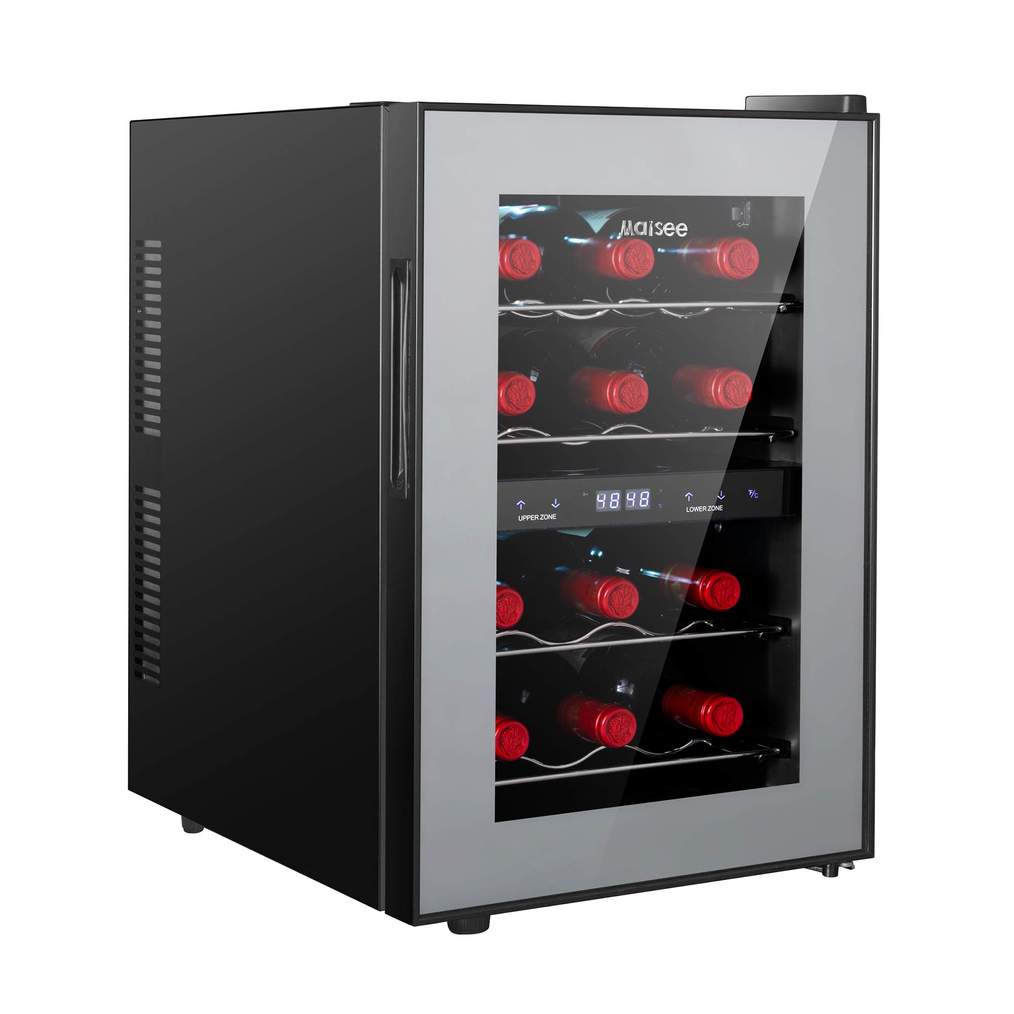 Maisee 12 Bottle Dual Zone Wine Cooler Refrigerator - 45°F to 65°F Temperature Control for Red, White, Champagne & Sparkling Wines - Compact Mini Fridge for Home Bar, Office, Kitchen, Bedroom Countertop - Perfect for Wine Storage, Entertaining & Gifting