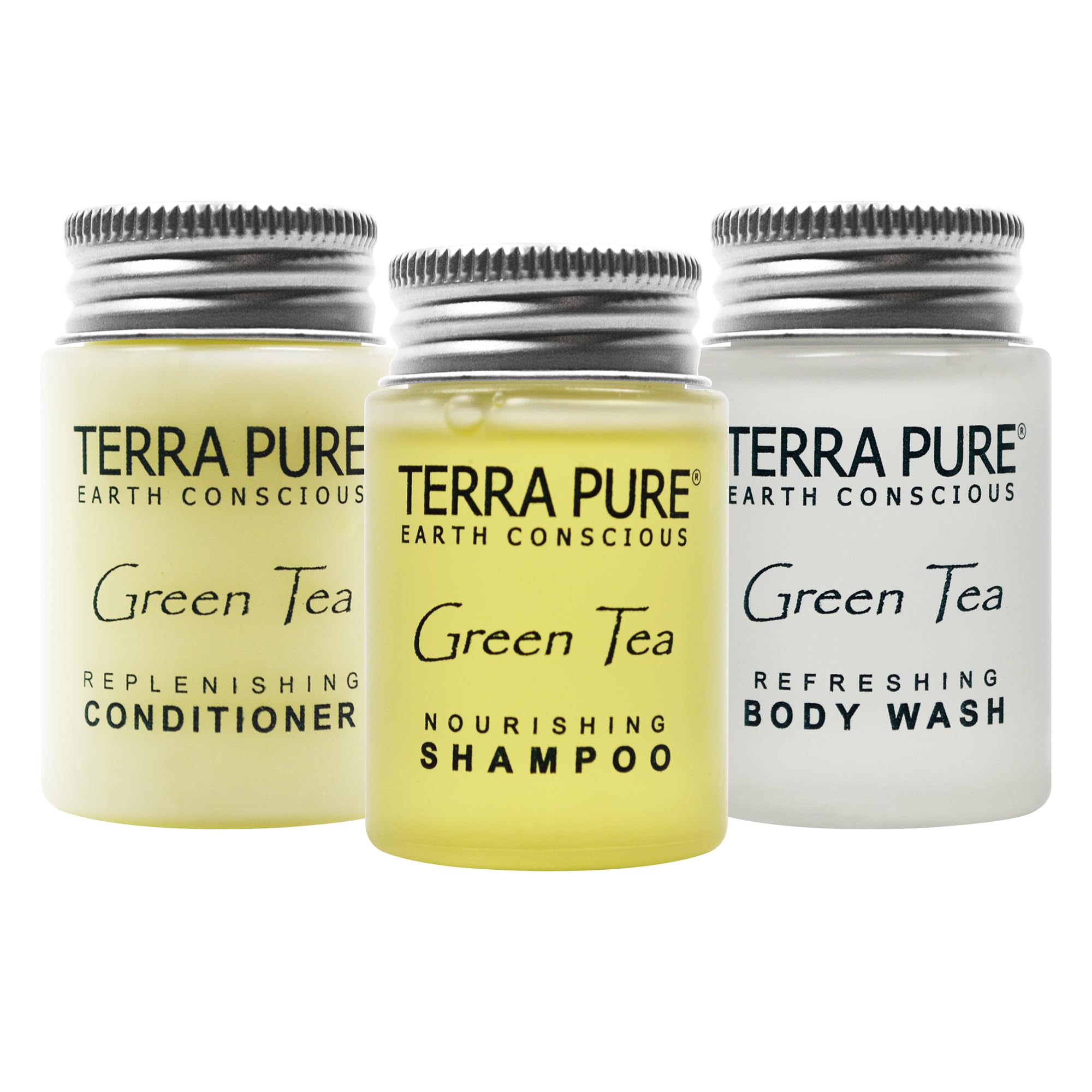 Terra Pure Shampoo, Conditioner & Body Wash Travel Size Set - 1 oz Bottles (Pack of 300) | Hotel Amenities & Toiletries for Travel, Gym, Camping & Hospitality Use