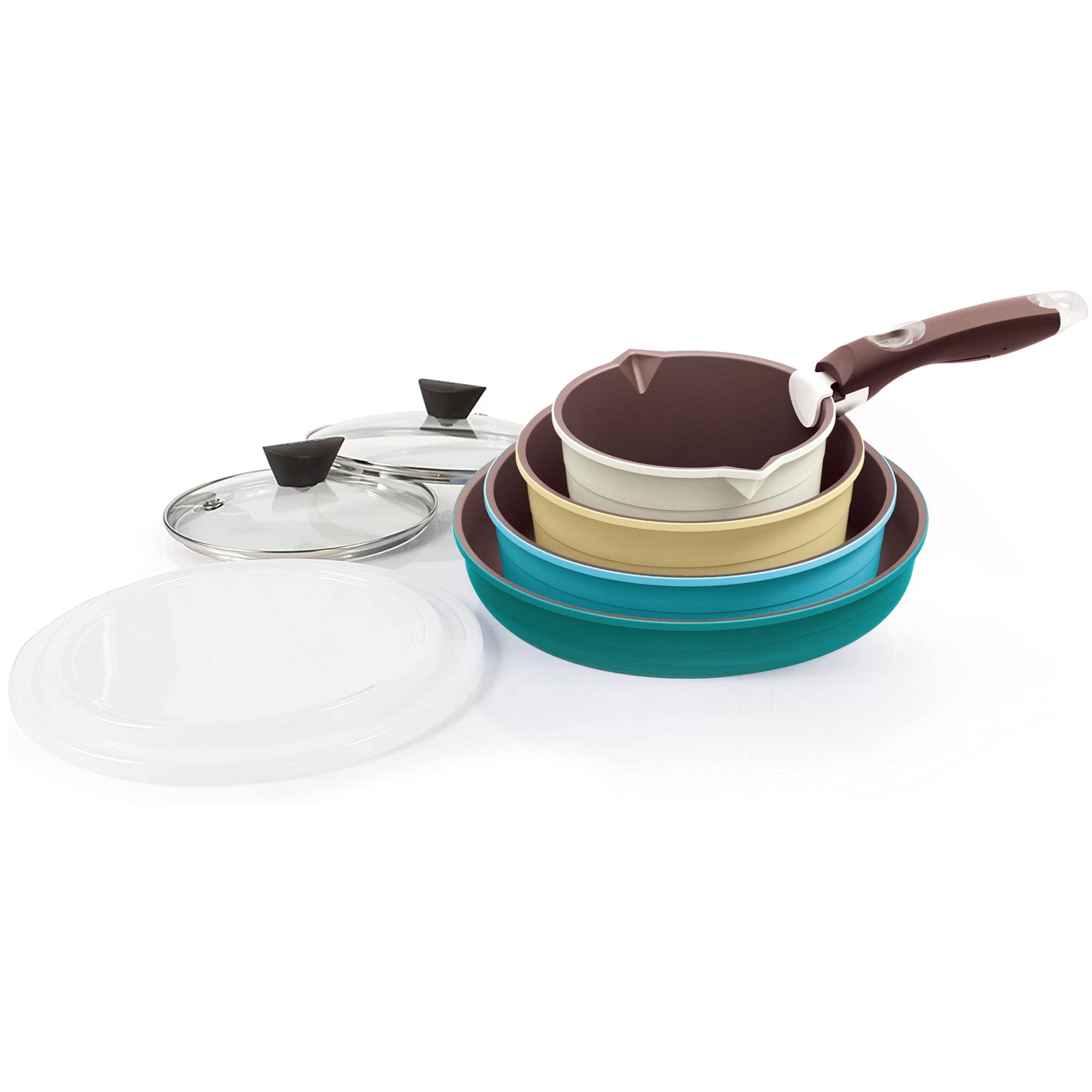 Neoflam Midas 9-Piece Nonstick Ceramic Cookware Set - PFOA Free Kitchenware with Saucepan, Frying Pan, Stove & Oven Pot, Tempered Glass Lids & Detachable Handle - Oven Safe & Space Saving - Misty Forest - Perfect for Small Kitchens & Everyday Cooking