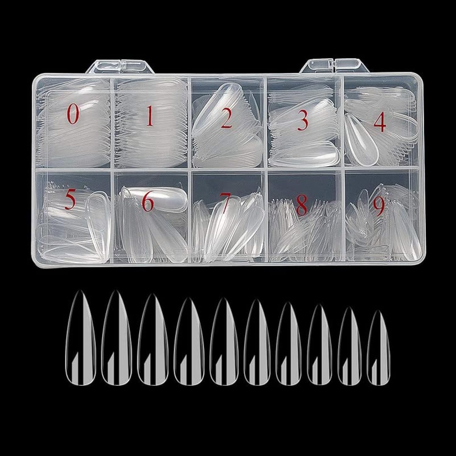 FAMEZA 100Pcs Long Stiletto Fake Nails - Sharp Clear Acrylic Full Cover Artificial Nail Tips with 10 Sizes for Nail Salon & DIY Manicure | Perfect for Parties, Weddings, and Special Occasions