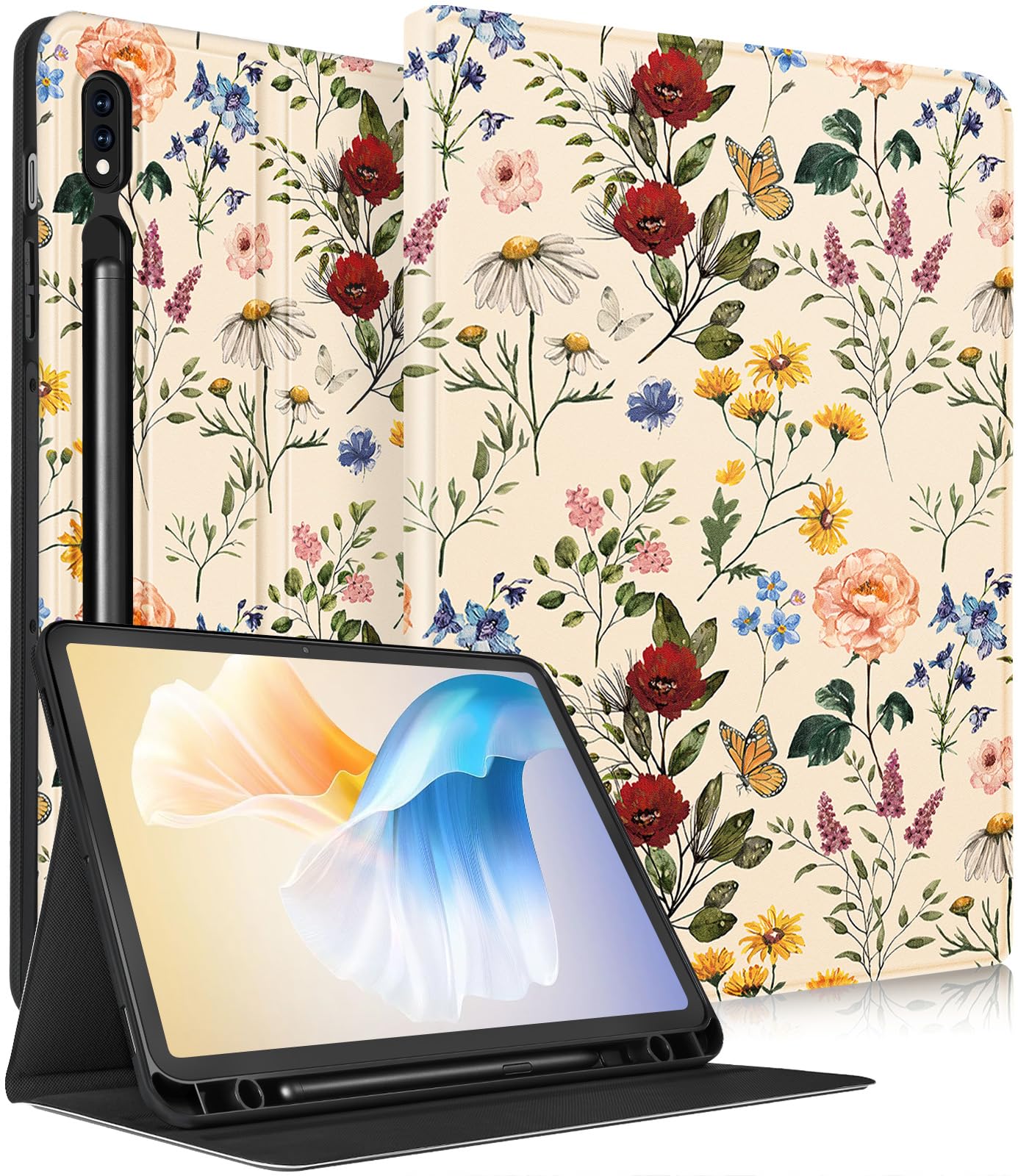 Cute Floral Folio Case for Samsung Galaxy Tab S8/Tab S7 11 Inch - Kawaii Girly Design with Pencil Holder, Protective Cover for Women & Girls (2020/2022 Models) - Perfect for School, Work & Travel