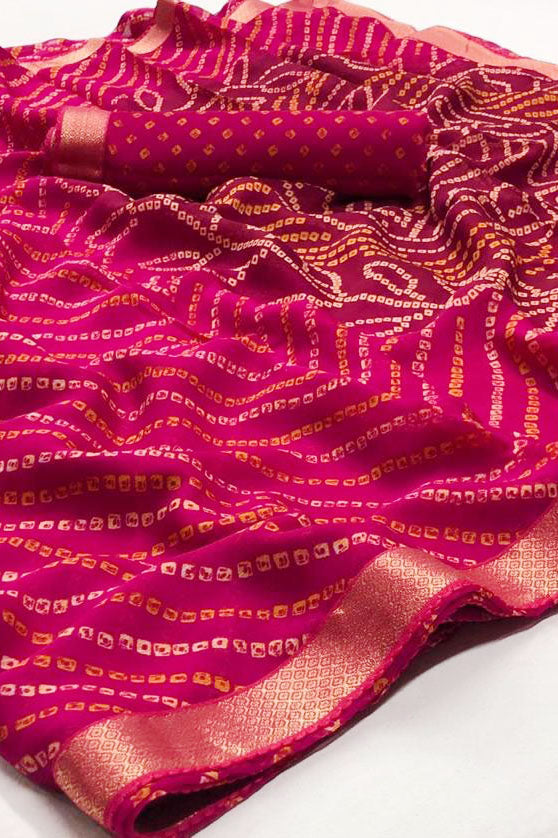 Elegant Designer Chiffon Bandhej Magenta Saree with Gotta Patti Embroidery - Perfect for Weddings, Parties & Festive Occasions