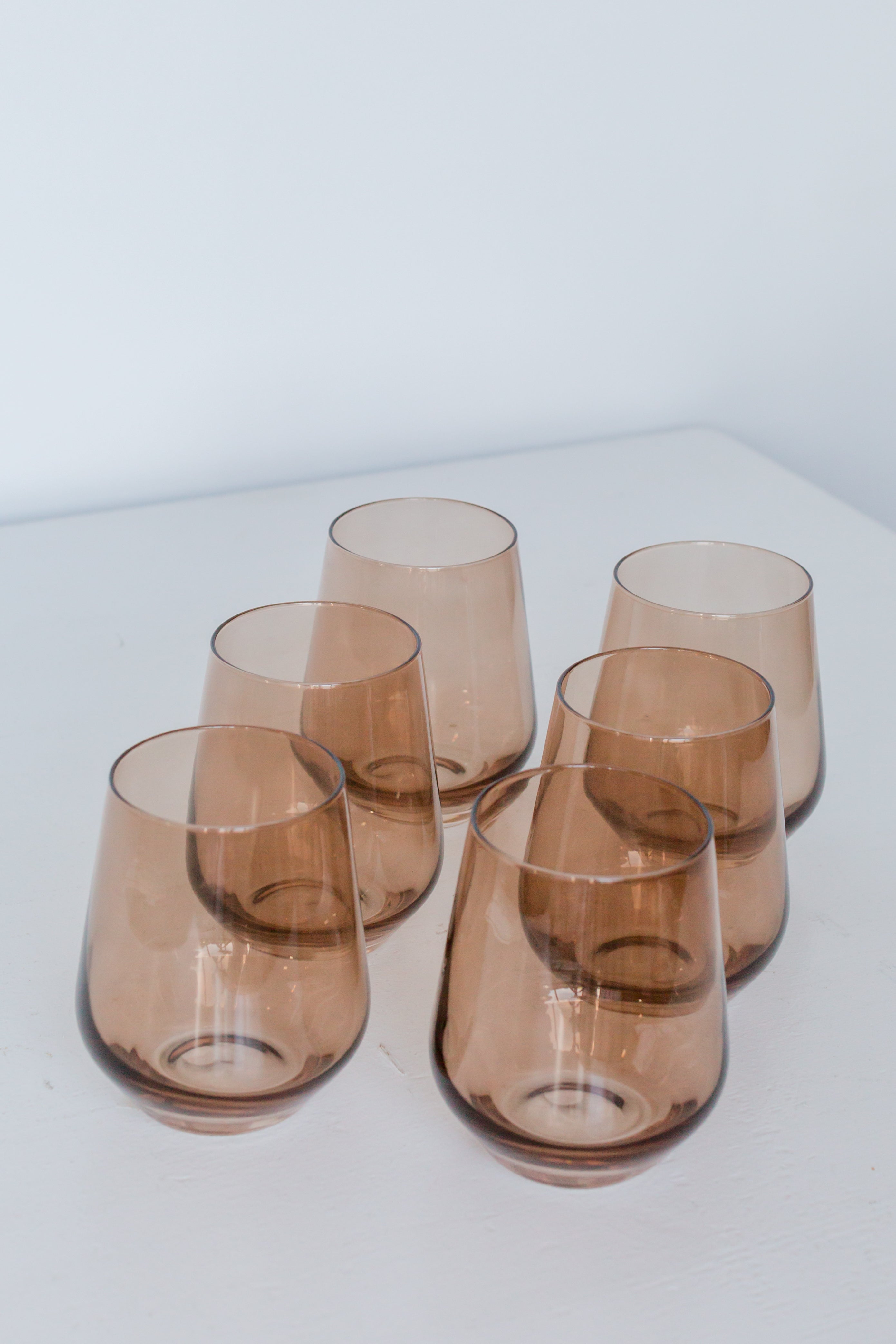 Premium Estelle Colored Wine Glasses Set of 6 - Stemless, Shatter-Resistant, Mocha Mousse (Amber Smoke) - Perfect for Parties, Weddings, and Home Entertaining