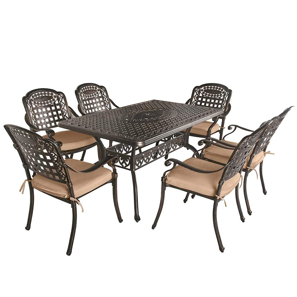 OKIDA 7-Piece Outdoor Patio Dining Set - Cast Aluminum Conversation Furniture with Umbrella Hole (6 Chairs + 6 Brown Cushions + 1 Rectangular Table) - Perfect for Garden, Deck, Backyard & Outdoor Entertaining