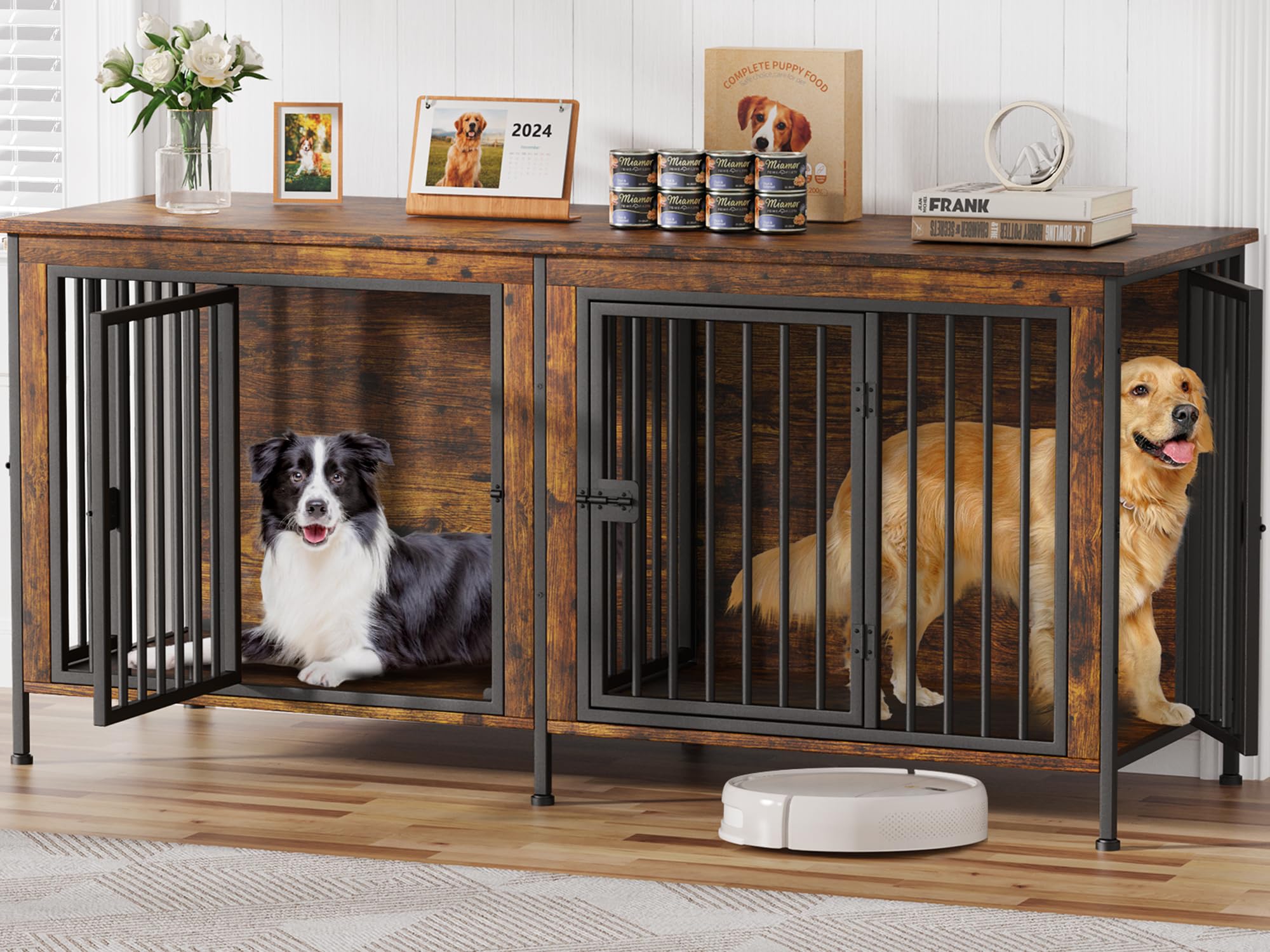 EasyCom 78 Inch Extra Large Dog Crate Furniture - Double XXL Wooden Kennel for Large Breeds with Divider | Sturdy Pet Cage, TV Stand & Home Decor for Living Room, Bedroom or Office