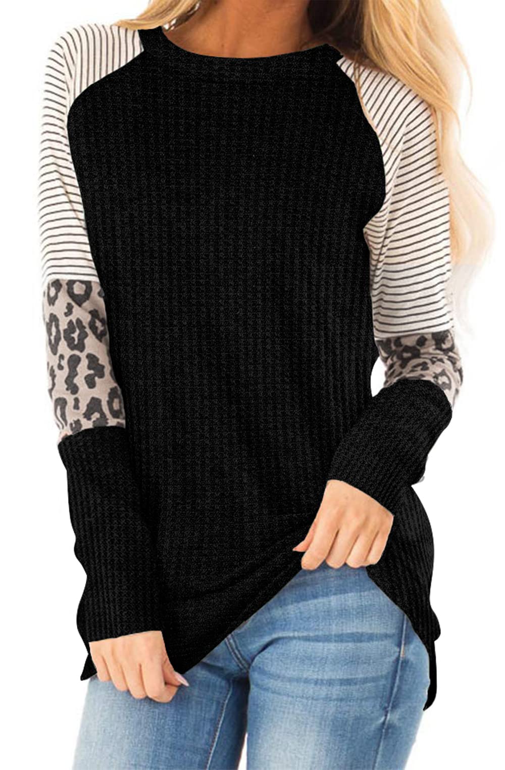 IWOLLENCE Women's Long Sleeve Waffle Knit Tunic Top - Leopard & Stripe Color Block Casual Shirt, Round Neck Sweatshirt for Fall & Winter Layering, Office Wear & Weekend Outfits