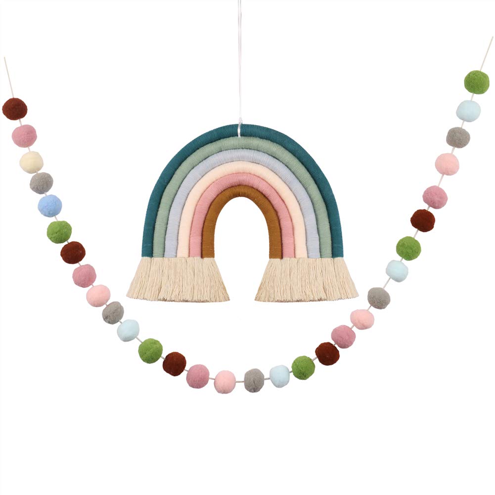 DrCor Dreaming Decor Boho Rainbow Wall Hanging with Pom Pom Garland - 2 Pack Earth Tone Yarn Wall Decor for Bedroom, Living Room, Nursery, Kids Room & Birthday Party | Boho Chic Home Decor, Classroom Decoration, Rainbow Themed Party Supplies
