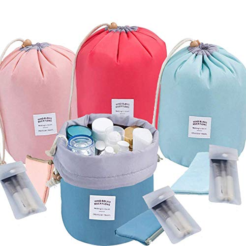 INVODA 4-Piece Barrel Shaped Travel Makeup Bags Set - Large Capacity Waterproof Cosmetic Organizer with Drawstring, Soft Multifunctional Toiletry Pouch for Women (Green, Pink, Blue, Red) - Perfect for Travel, Gym, Beach & Daily Cosmetics Storage