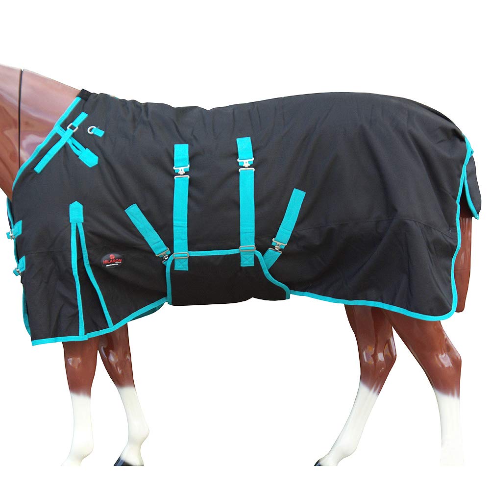 HILASON 1200D Winter Waterproof Horse Blanket with Belly Wrap - 78 Inch Black & Turquoise - Heavy Duty Turnout Blanket for Cold Weather | Ideal for Pasture, Riding, and Stable Use