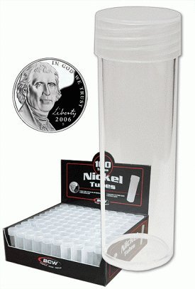 BCW 100-Count Coin Tubes for US Nickels | Durable Plastic Coin Storage Containers with Airtight Lids | Essential Coin Collecting Supplies for Organizing & Protecting Your Coin Collection | Perfect for Home Storage, Bank Deposits, and Numismatic Displays