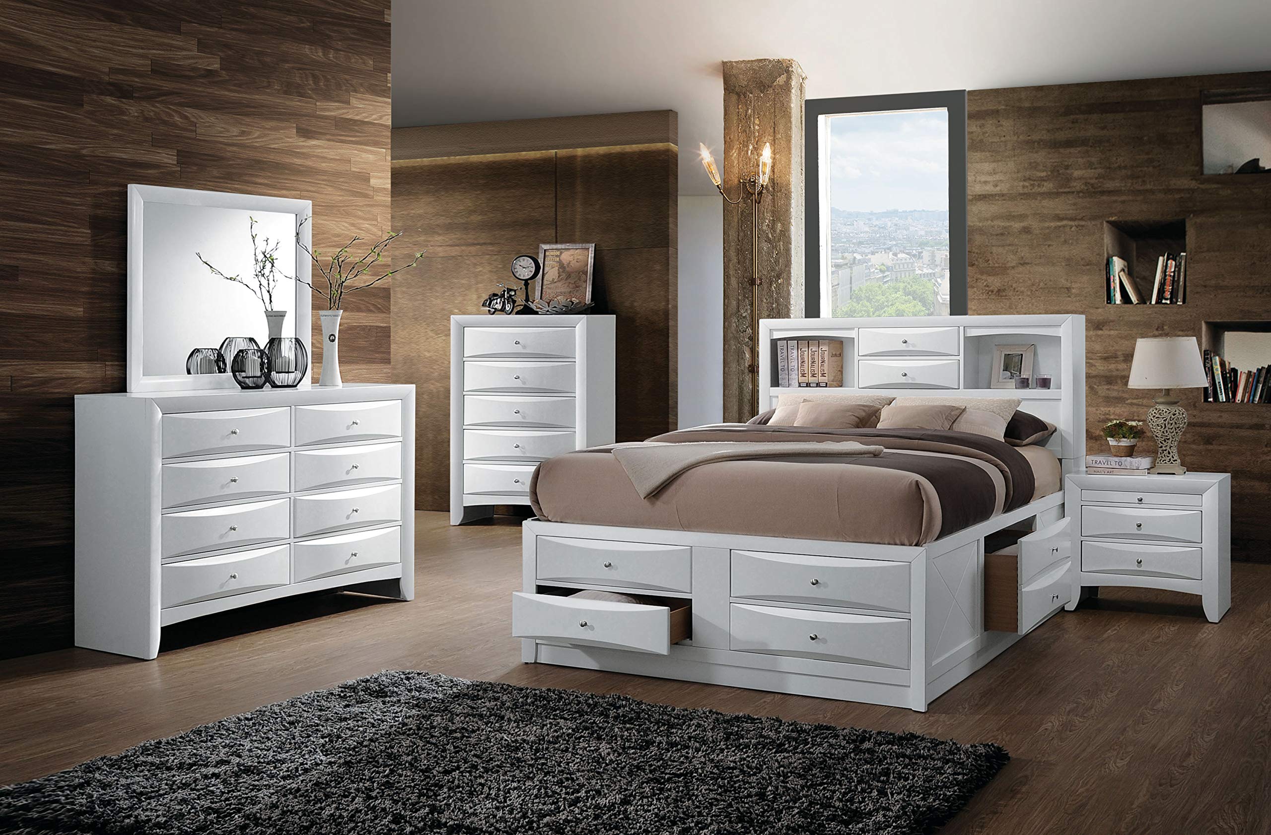5-Piece White Queen Bedroom Set with Storage Bed, Chest, Dresser, Nightstand & Mirror | Modern Wood Furniture for Master Bedroom & Guest Room