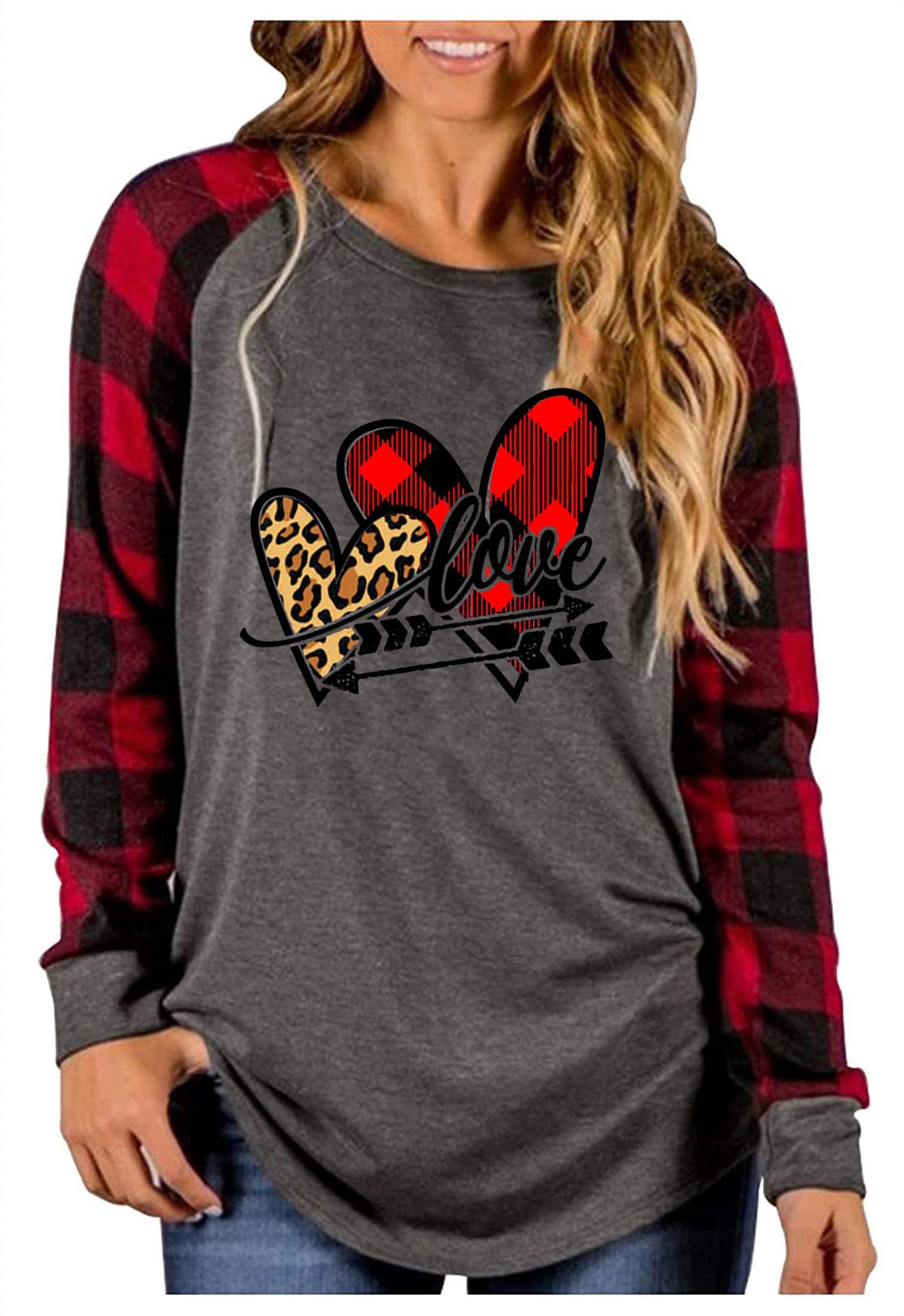 Valentine's Day Buffalo Plaid Love Heart Graphic Tee for Women - Long Sleeve Letter Print Top | Perfect for Valentine's Gifts, Date Nights & Couple Outfits