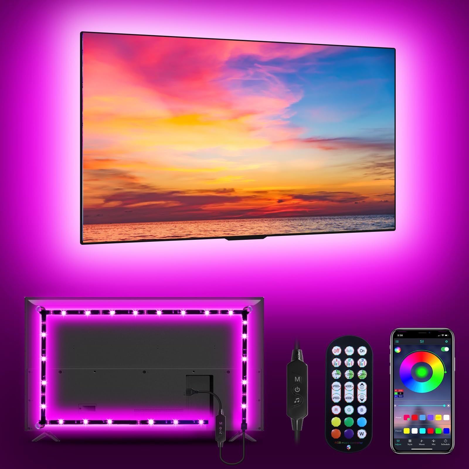 MATICOD 9.84ft RGB LED Strip Lights for TV Backlighting - USB Powered Smart TV Lights with App & Remote Control, Music Sync for 32-43 Inch TVs - Perfect for Home Theater, Gaming & Ambient Lighting