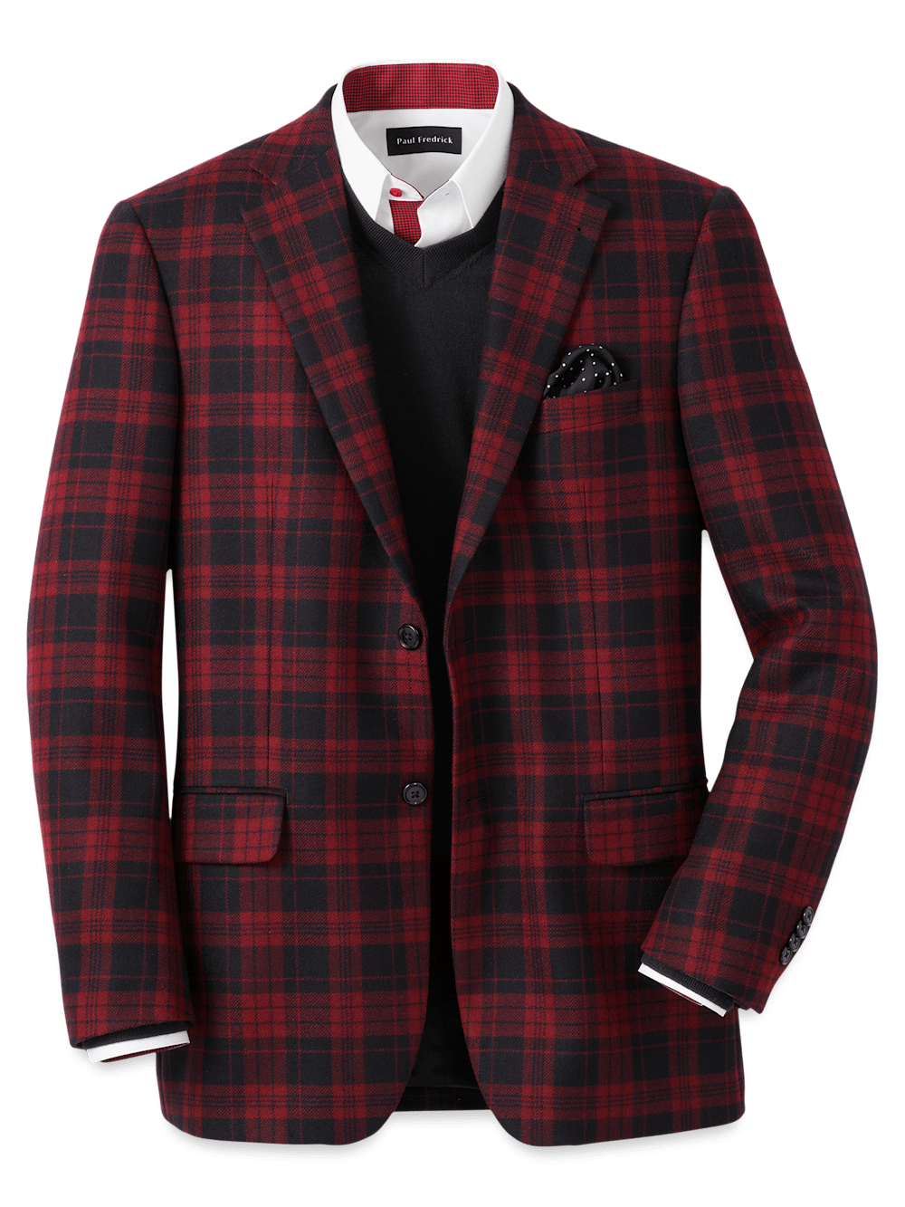 Men's Wool Plaid Single Breasted Notch Lapel Blazer Jacket - Black & Red Checkered Pattern | Business Casual, Office Wear, Wedding & Formal Events