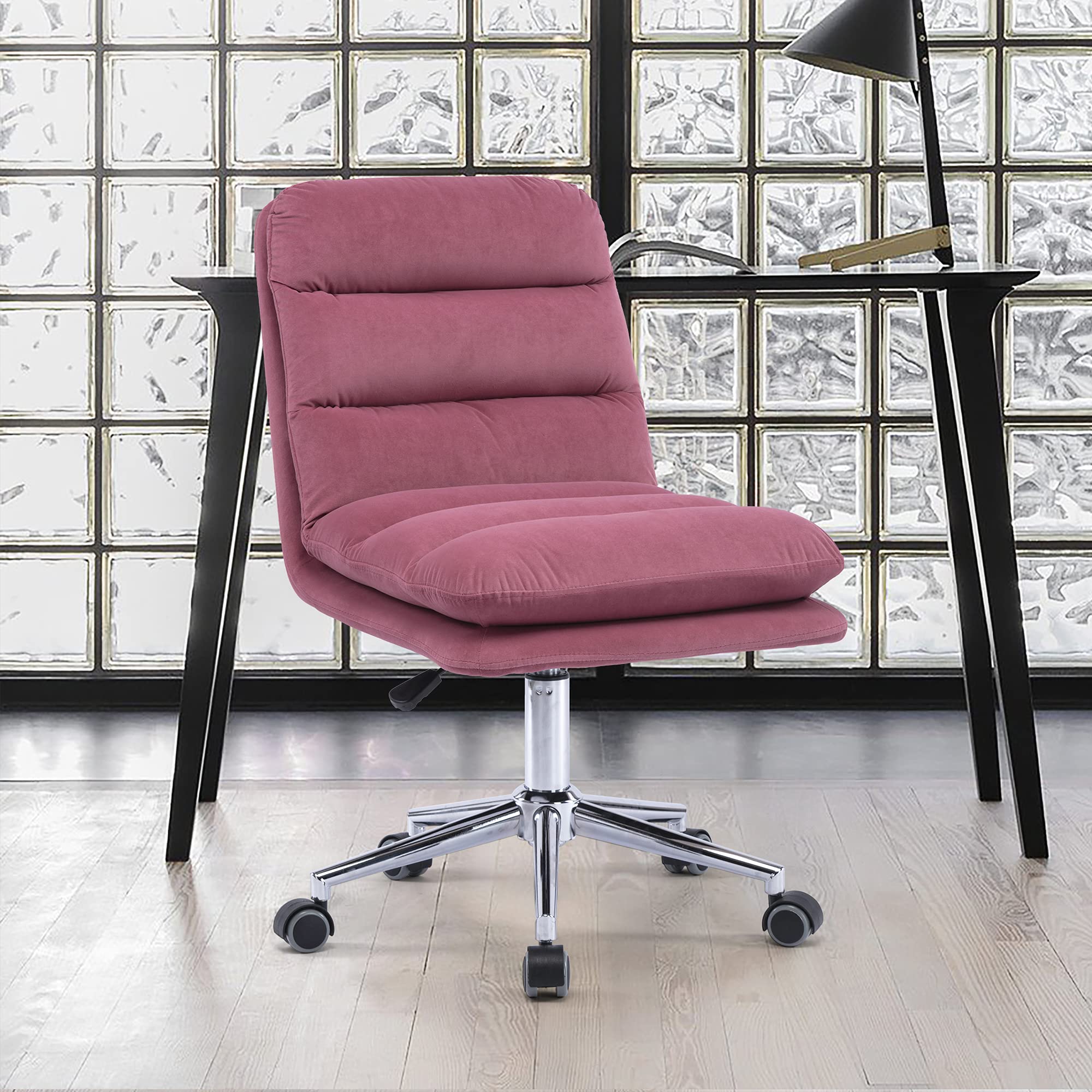 Modern Velvet Swivel Desk Chair - Mid-Back Computer Office Chair with Wheels, Elegant Upholstered Task Chair for Home Office, Living Room, Bedroom (Pink) - Perfect for Women's Workspace, Study & Vanity Area