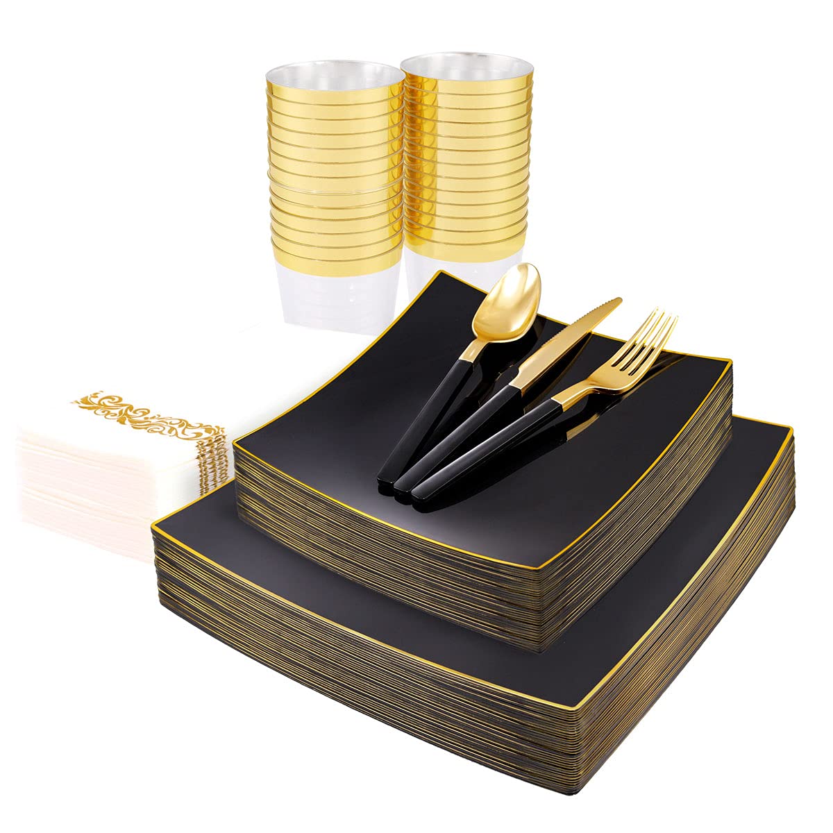 Nervure 140-Piece Black Square Plastic Dinnerware Set - 20 Gold Plastic Plates, 20 Dessert Plates, 60 Gold Silverware, 20 Cups & 20 Napkins for Halloween Party, Wedding, Birthday & Holiday Celebrations