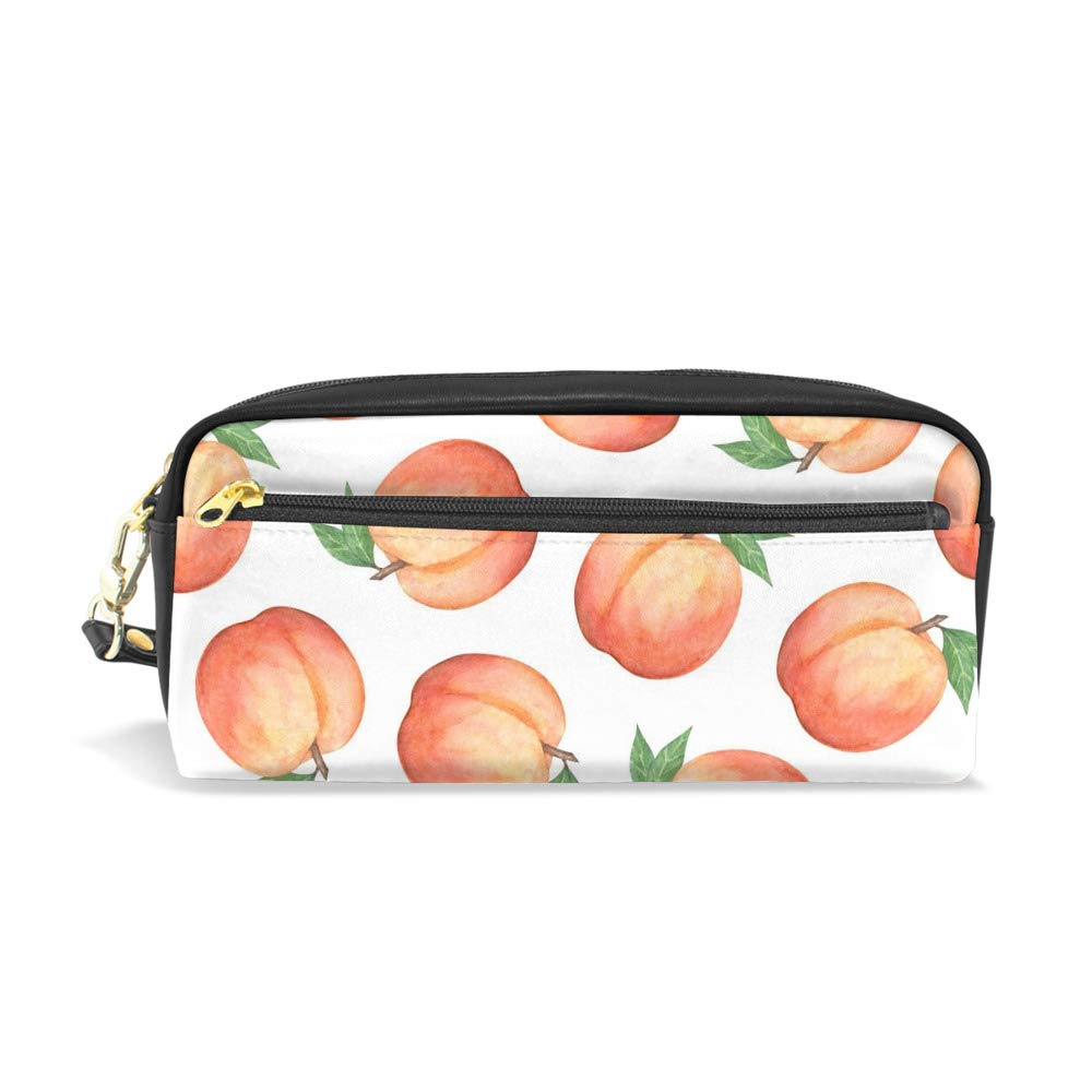 Kuizee Peach Watercolor Pencil Case - Durable PU Leather Zipper Pouch for School & Office