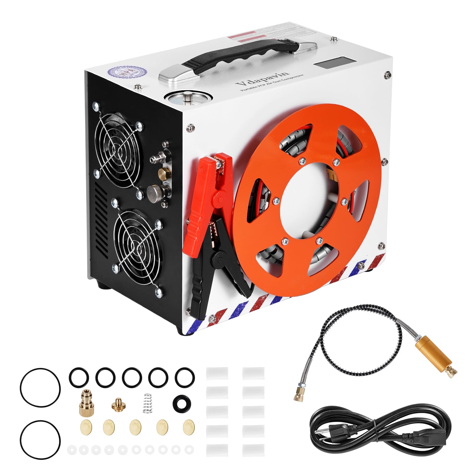 **4500 PSI High-Pressure PCP Air Compressor - Oil-Free, Water-Free, Automatic Stop, Portable with Wire Spool - 110V AC & 12V DC Power - Ideal for Paintball, Scuba Diving & Airgun Refilling**