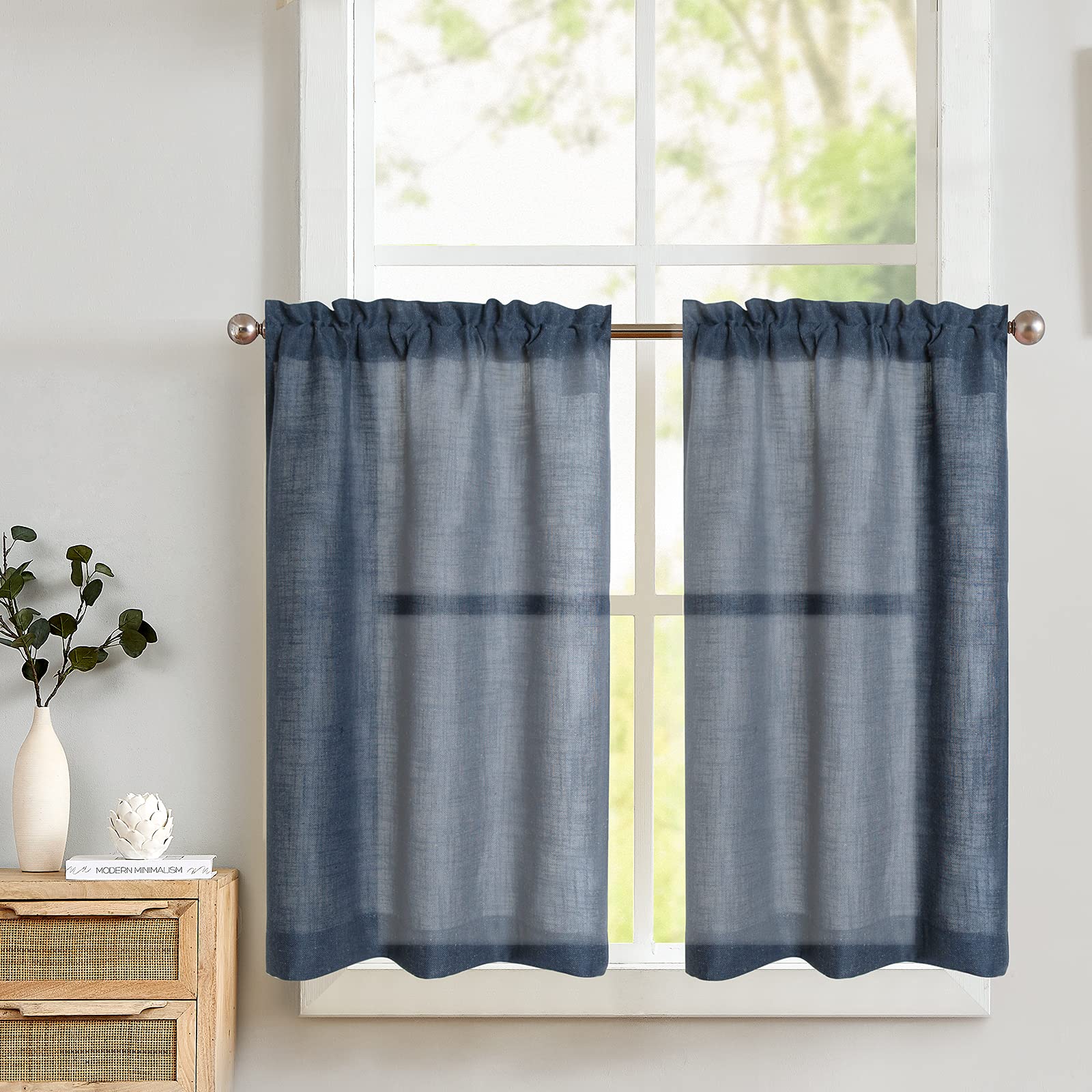 Linen Tier Kitchen Curtains - Semi Sheer Blue Cafe Curtains for Windows & Doors, 36 Inch Length, 2 Panels, Rod Pocket - Perfect for Bathroom, Basement, Kitchen & Home Decor