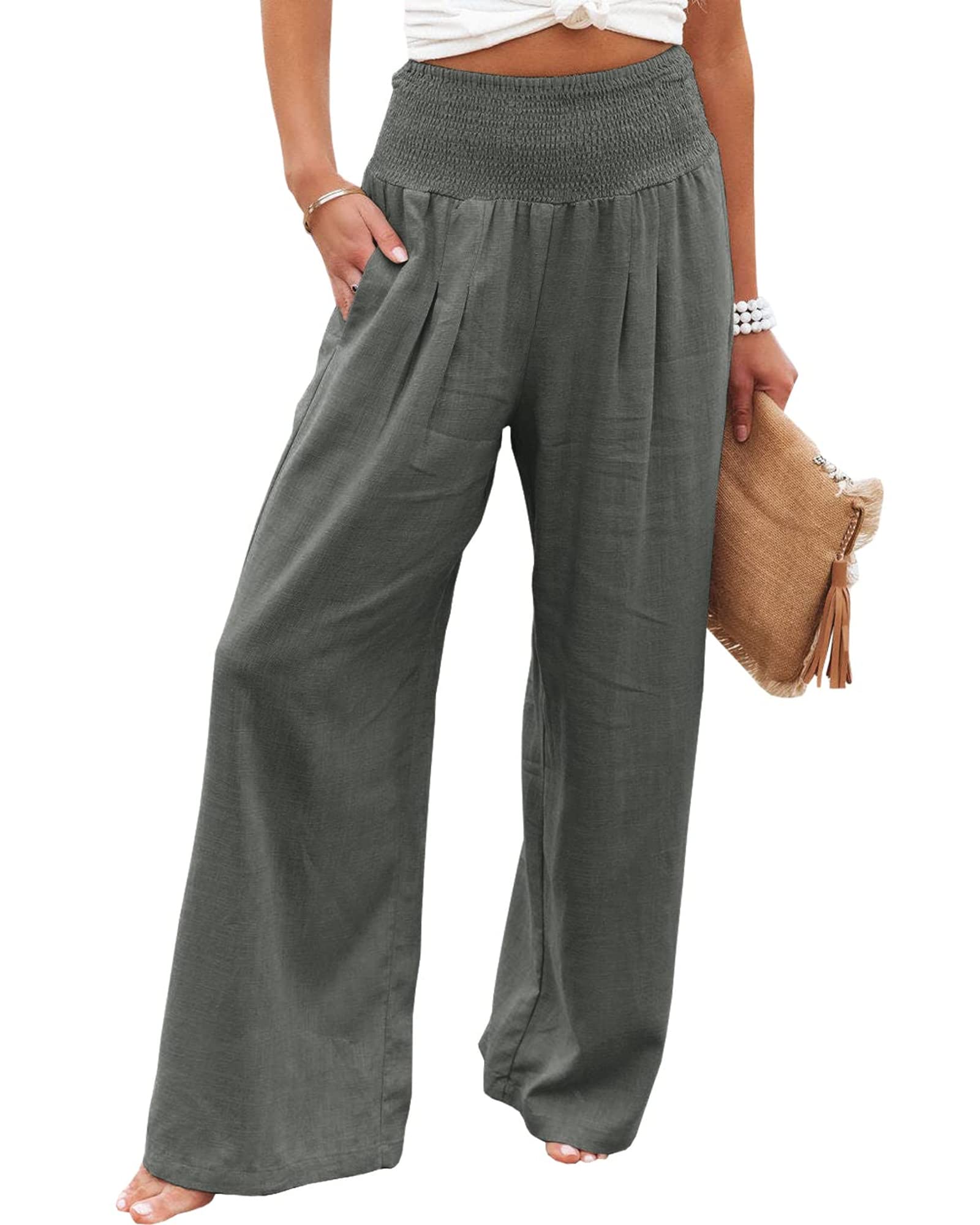 Women's Linen Pants - High Waist Elastic Wide Leg Palazzo Lounge Pants with Pockets - Casual Loose Comfortable Beach Pants for Summer Vacation & Yoga