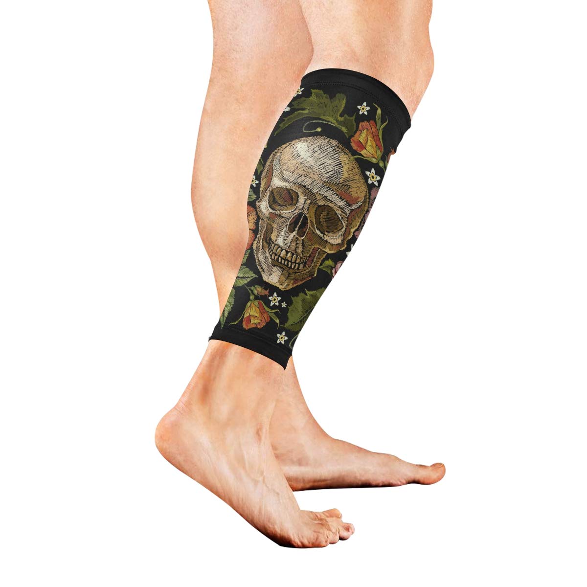 AHOMY Sports Calf Compression Sleeves - Skull & Red Roses Design - Breathable Leg Support Socks for Men & Women - Running, Basketball, Workout & Recovery