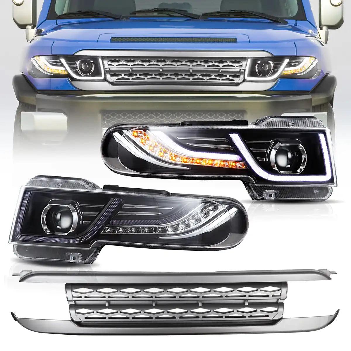 High-Performance LED Headlight Assembly Dual Beam Projector with Grille for 2007-2015 Toyota FJ Cruiser XJ10 - Upgrade Your Off-Road Lighting for Night Adventures & Trail Driving