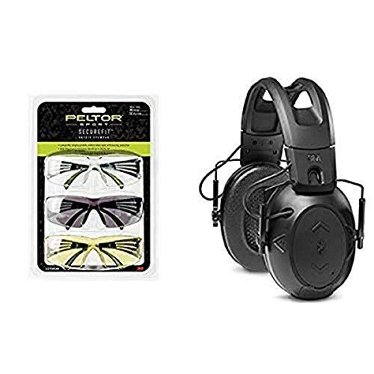 Peltor Sport SecureFit 400 Glasses 3 Pack - Clear, Amber & Gray Lenses with Anti-Fog Coating & Tactical 500 Electronic Hearing Protector for Shooting, Hunting & Outdoor Sports Safety