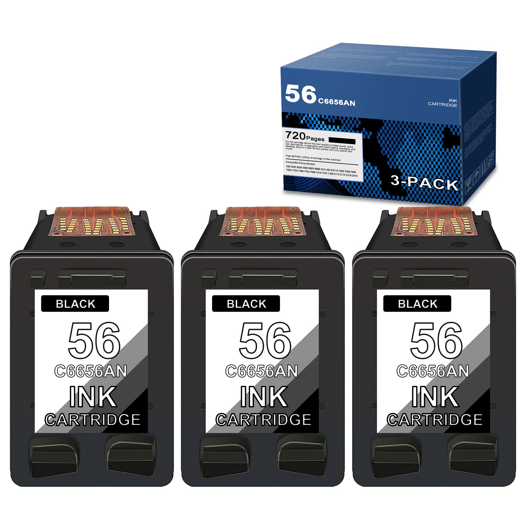 DIOUSAINK 3-Pack Black Remanufactured Ink Cartridge - Compatible with HP 56, 9680, 9650, 5610, 7260, 7450, 7550, 2210, 2410, 1315, 4215, 2175, 1350, 2110 Printers - High-Quality Replacement for Home & Office Printing Needs
