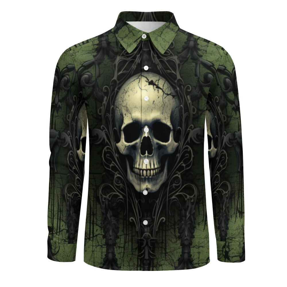 Gothic Green Skull Print Casual Long Sleeve Shirt for Men & Women | Trendy One Pocket Design | Perfect for Halloween, Punk Fashion & Alternative Style Outfits