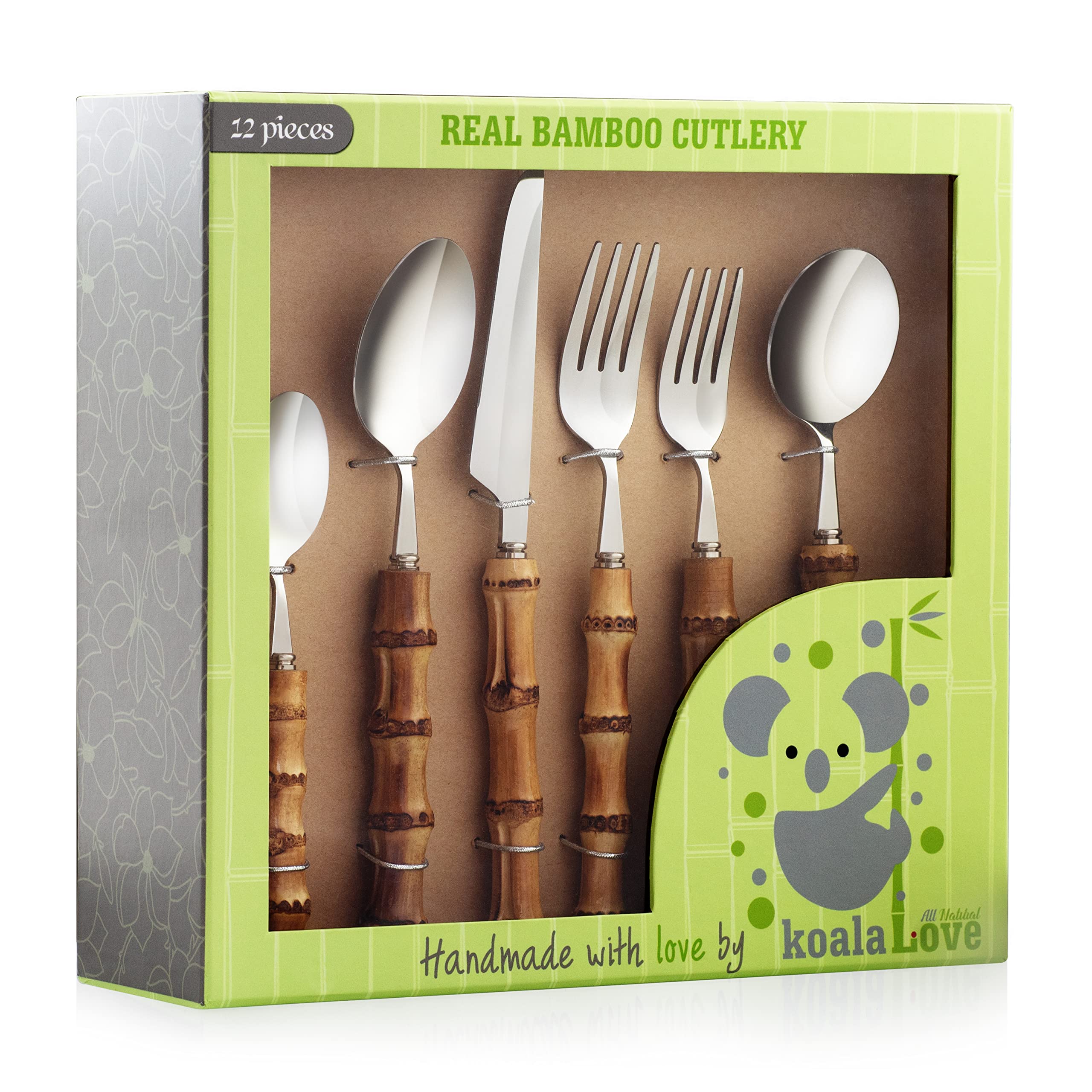 Eco-Friendly Bamboo Silverware Set - 8 Sets (48 Pieces) Natural Handcrafted Bamboo Cutlery for Dining, Camping & Picnics | Sustainable Flatware Utensils by KoalaLove