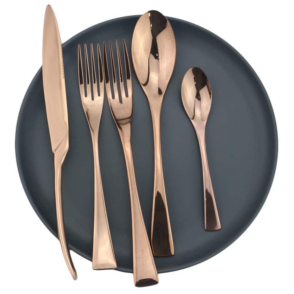 Luxury 5-Piece Stainless Steel Silverware Flatware Set - Rose Gold Knife, Fork, Spoon, Dessert Fork & Teaspoon | Portable Travel Cutlery for Camping, Picnics, Office & Outdoor Dining