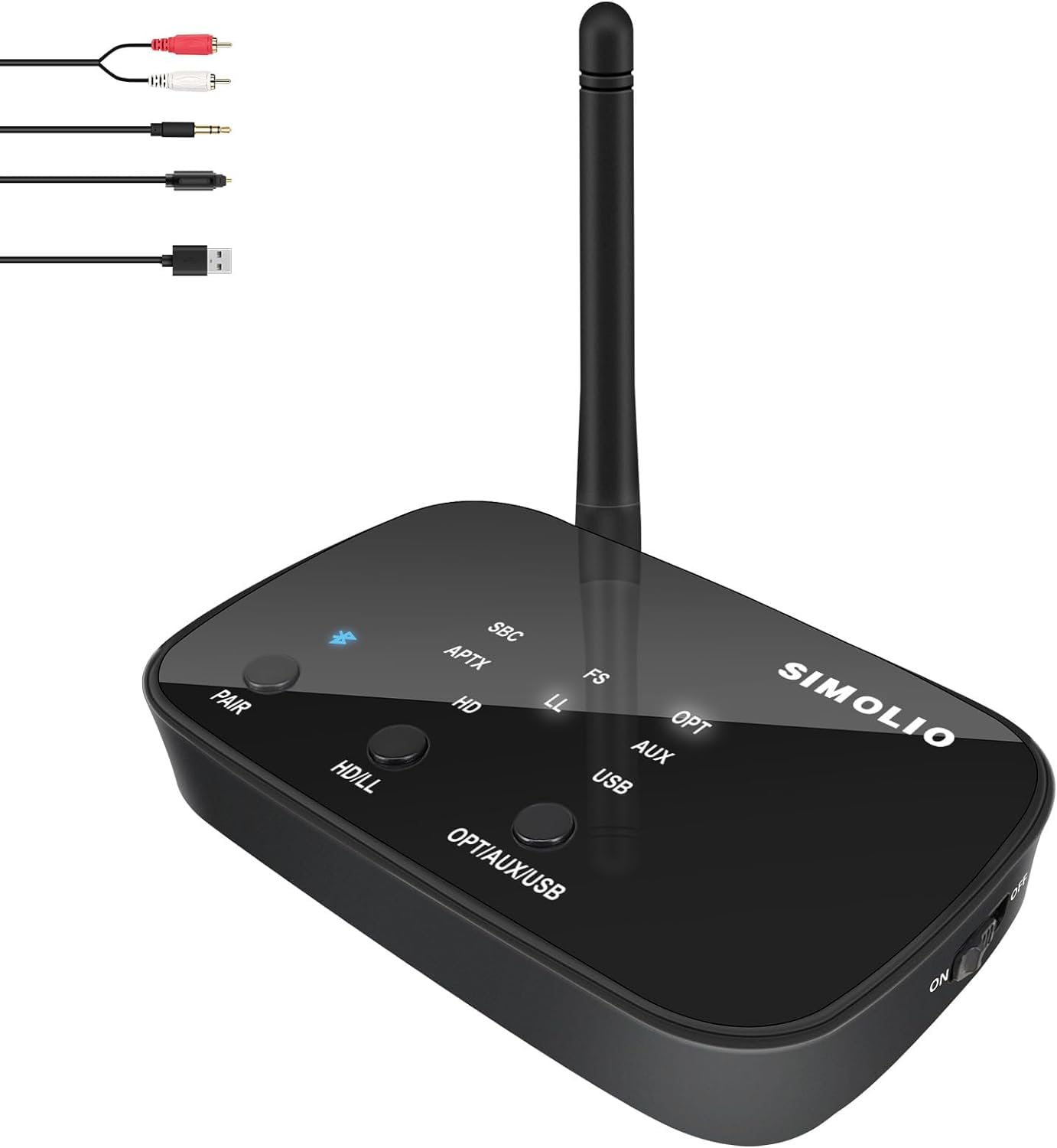 SIMOLIO JH201D aptX Low Latency Bluetooth Transmitter for TV - Wireless Audio Adapter for 2 Headphones/Speakers, 197ft Range, Optical & 3.5mm - Perfect for Home Theater & Gaming