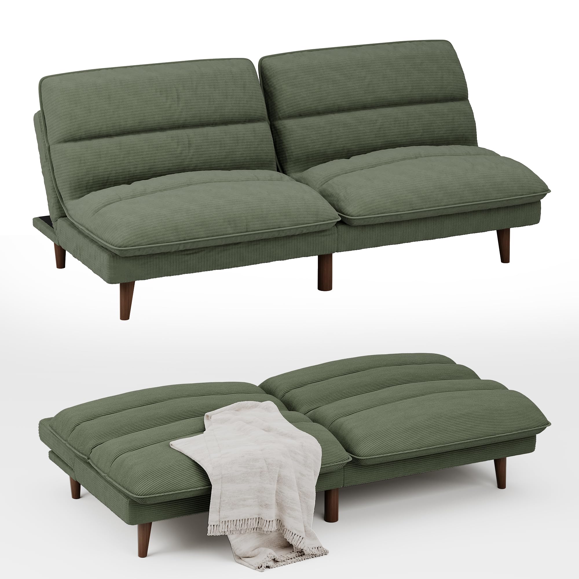 Flamaker Convertible Corduroy Futon Sofa Bed - Adjustable Sleeper Couch for Small Spaces, Modern Living Room Furniture (Green) | Perfect for Apartments, Guest Rooms & Studio Living